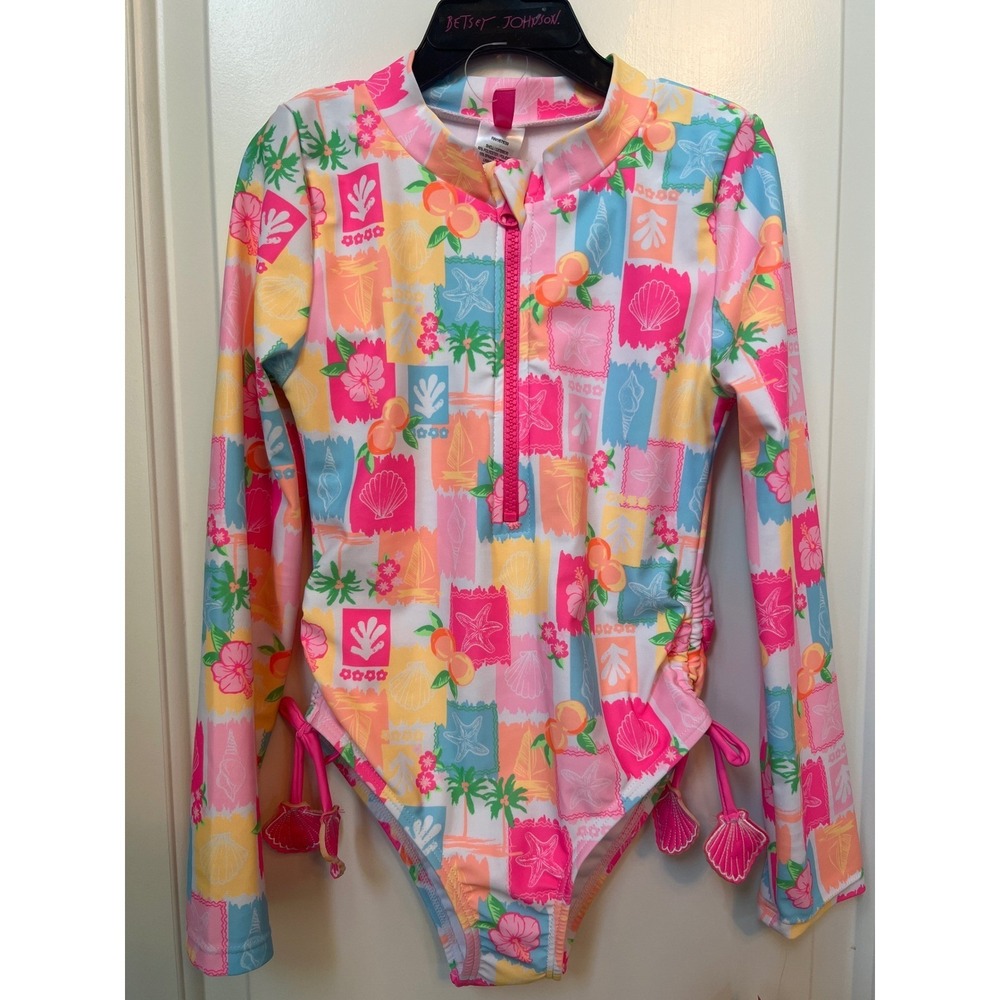 Betsey Johnson Girls Size 8 Tropical Patchwork Long Sleeve Rash Guard Swimsuit